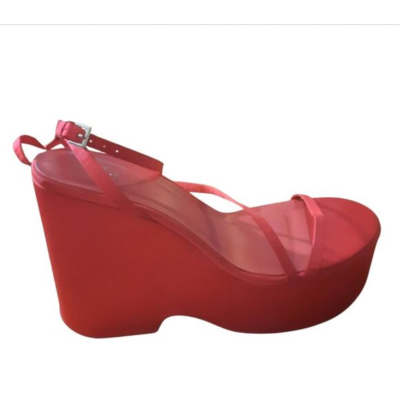 Zara Womens Red Chunky Satin Strap Wedge Sandals Size 9 (EU 40) - Picture 2 of 9